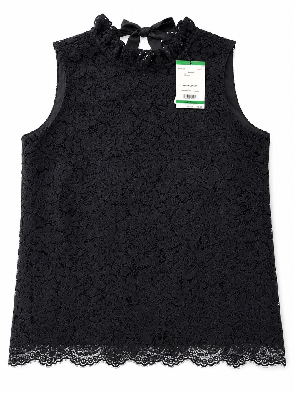 NWT Anne Klein Black Lace Sleeveless Bow Back Blouse Large